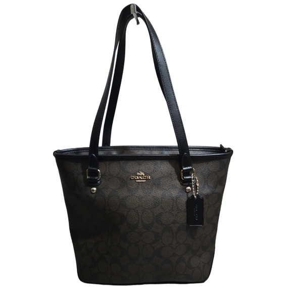 2016 Coach  F58294 Signature Zip Top Brown Black Tote Bag/shoulder bag NWOT - Picture 1 of 11